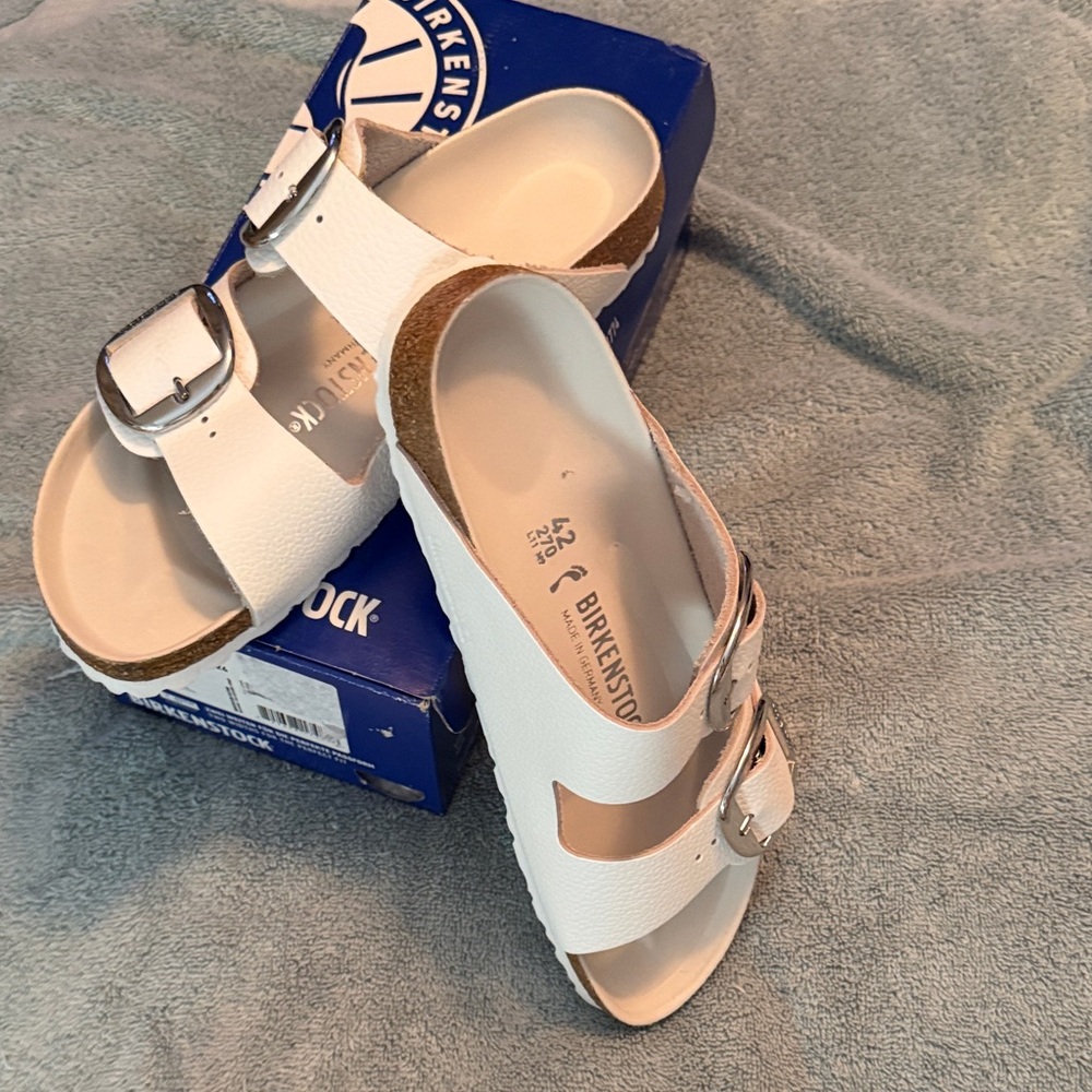Birkenstock White Sandals with Metallic Buckles